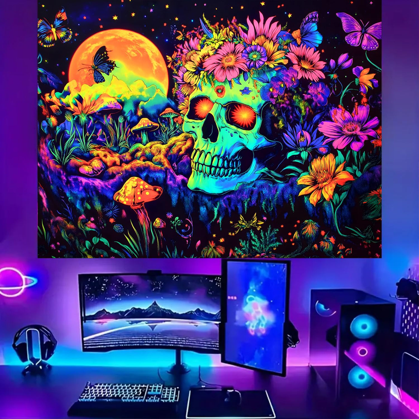 BSFHH Halloween Black Light Tapestry – UV Reactive Glow in the Dark Wall Hanging, Spooky Night Scene with Ghosts & Pumpkins, Haunting Home Decor for Parties, Bedroom, or Dorm (Haunted Houses, 79L" x 59W", Unframed) Backdrop Bliss