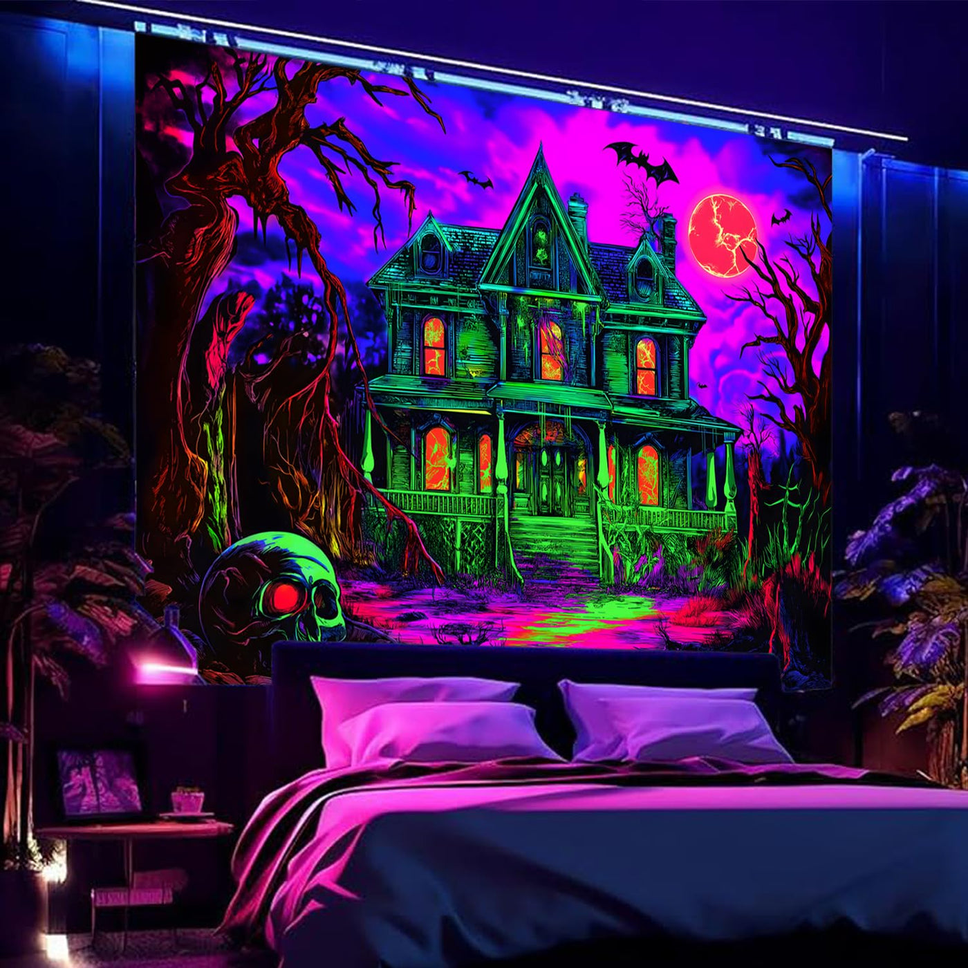 BSFHH Halloween Black Light Tapestry – UV Reactive Glow in the Dark Wall Hanging, Spooky Night Scene with Ghosts & Pumpkins, Haunting Home Decor for Parties, Bedroom, or Dorm (Haunted Houses, 79L" x 59W", Unframed) Backdrop Bliss