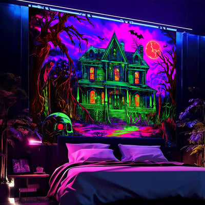 BSFHH Halloween Black Light Tapestry – UV Reactive Glow in the Dark Wall Hanging, Spooky Night Scene with Ghosts & Pumpkins, Haunting Home Decor for Parties, Bedroom, or Dorm (Haunted Houses, 79L" x 59W", Unframed) Backdrop Bliss