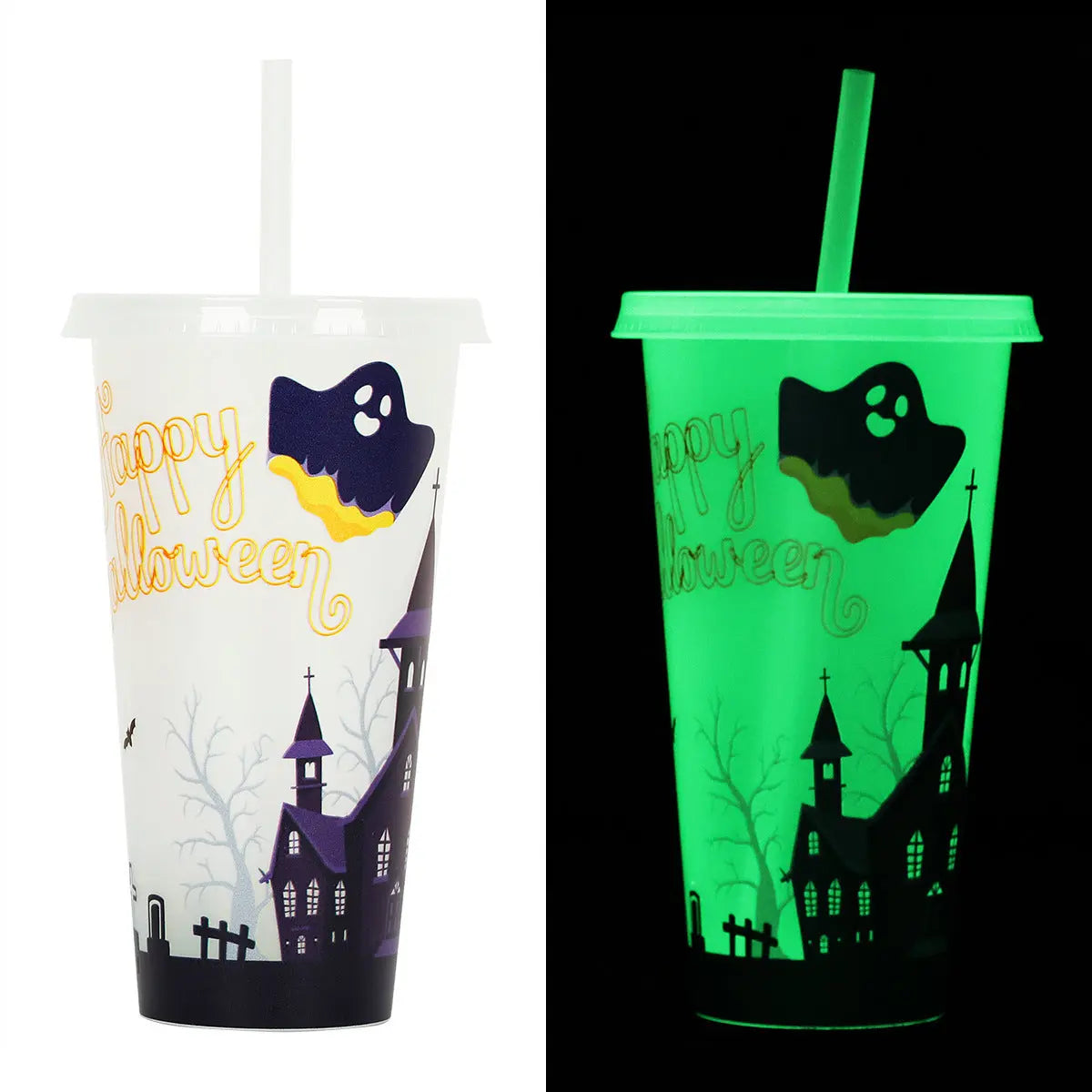 720ml Plastic Sippy Cup Halloween Luminous Straw Cup Backdrop Bliss