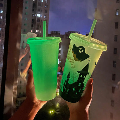 720ml Plastic Sippy Cup Halloween Luminous Straw Cup Backdrop Bliss