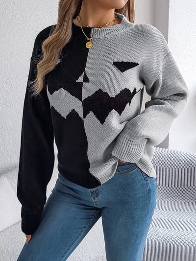 Fall And Winter Halloween Spooky Pumpkin Contrast Long Sleeve Pullover Sweater Women's Clothing Backdrop Bliss