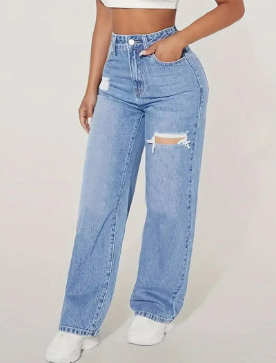European And American Ladies Washed Hole Denim Trousers - Backdrop BlissEuropean And American Ladies Washed Hole Denim Trousers