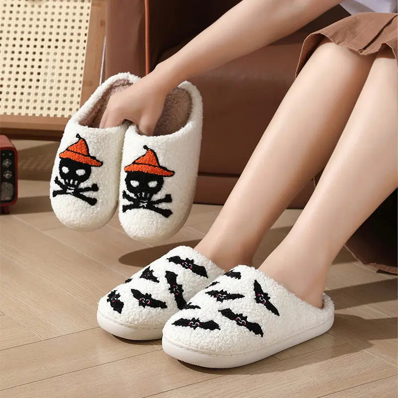 Halloween Skull Rose Slippers Winter Warm Indoor Floor Bedroom Home Slipper For Women Backdrop Bliss