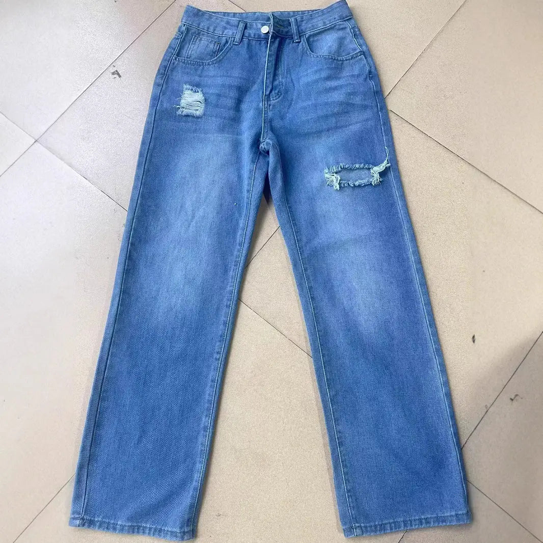 European And American Ladies Washed Hole Denim Trousers - Backdrop BlissEuropean And American Ladies Washed Hole Denim Trousers