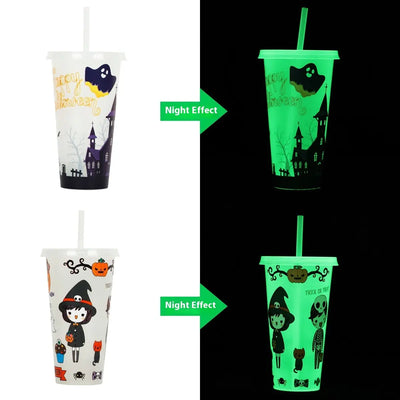 720ml Plastic Sippy Cup Halloween Luminous Straw Cup Backdrop Bliss