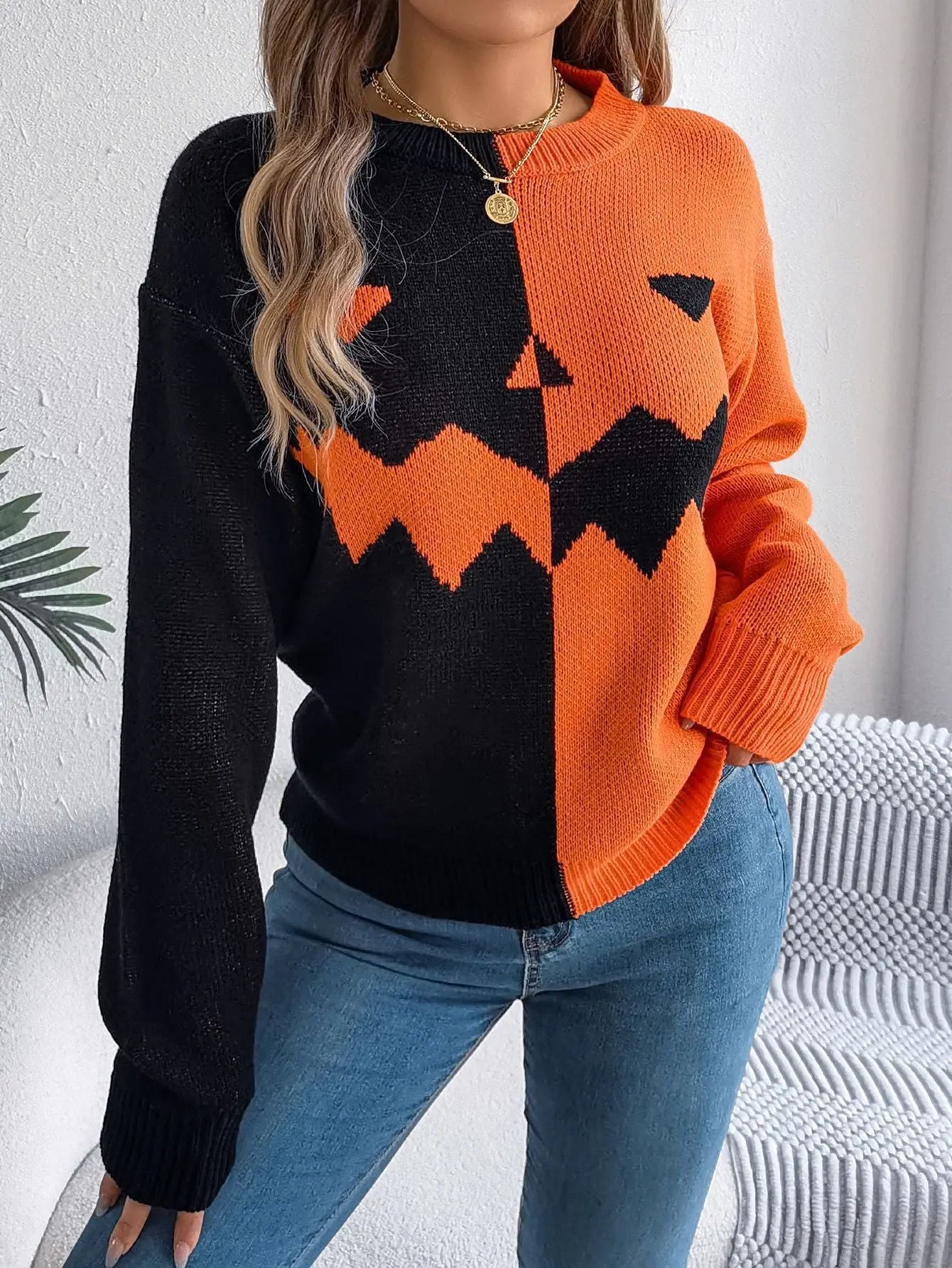 Fall And Winter Halloween Spooky Pumpkin Contrast Long Sleeve Pullover Sweater Women's Clothing Backdrop Bliss