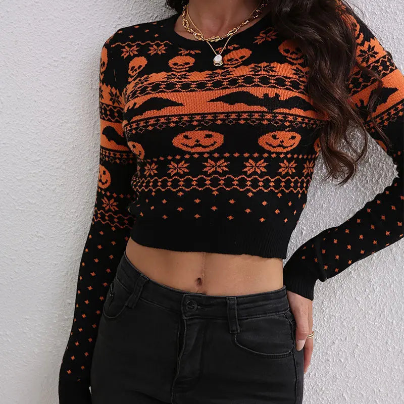 Women's Contrast Color Jacquard Fashion Round Neck Sweater Backdrop Bliss
