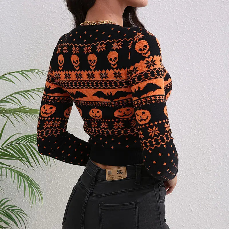 Women's Contrast Color Jacquard Fashion Round Neck Sweater Backdrop Bliss
