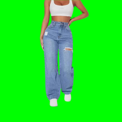 European And American Ladies Washed Hole Denim Trousers - Backdrop BlissEuropean And American Ladies Washed Hole Denim Trousers