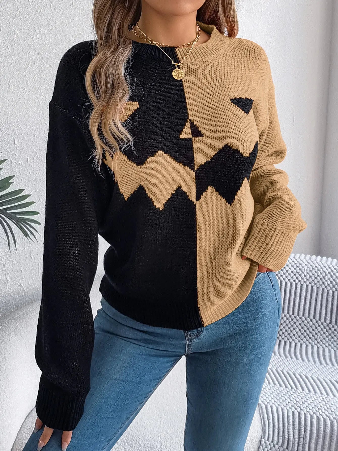 Fall And Winter Halloween Spooky Pumpkin Contrast Long Sleeve Pullover Sweater Women's Clothing Backdrop Bliss