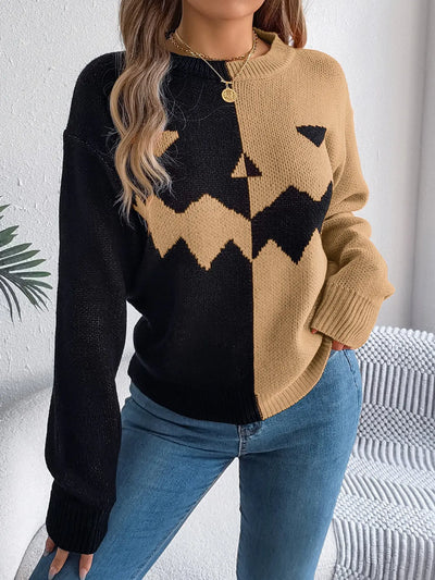 Fall And Winter Halloween Spooky Pumpkin Contrast Long Sleeve Pullover Sweater Women's Clothing Backdrop Bliss